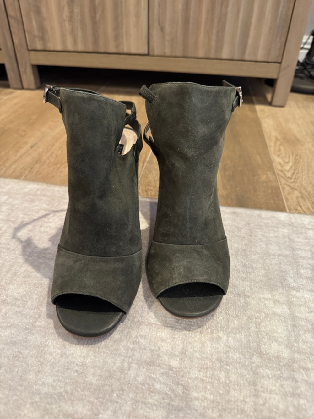 White House Black Market Olive Suede Open-Toe Heeled Booties
